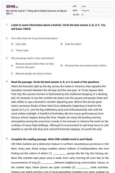 Bộ 5 đề thi cuối kì 1 Tiếng Anh 8 Global Success có đáp án (Đề 1)