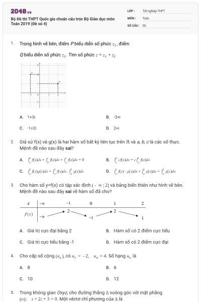 Bộ Đề thi THPT Quốc gia chuẩn cấu trúc Bộ Giáo dục môn Toán 2019 (Đề số 4)