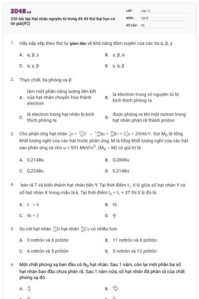 220 bài tập Hạt nhân nguyên tử trong đề thi thử Đại học có lời giải(P2)