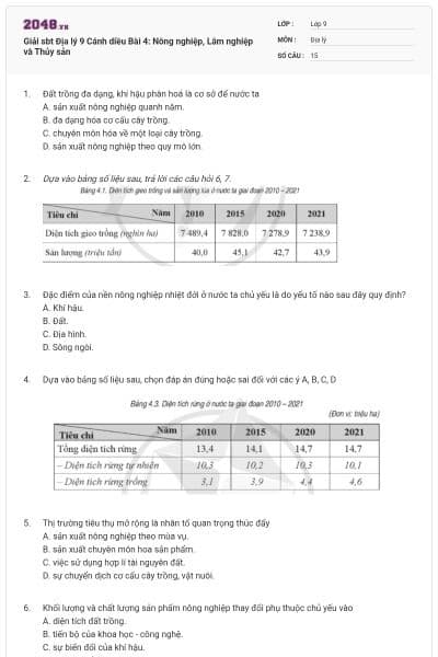 Giải sbt Địa lý 9 Cánh diều Bài 4: Nông nghiệp, Lâm nghiệp và Thủy sản