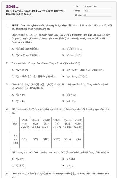 Đề thi thử Tốt nghiệp THPT Toán 2025-2026 THPT Yên Hòa (Hà Nội) có đáp án