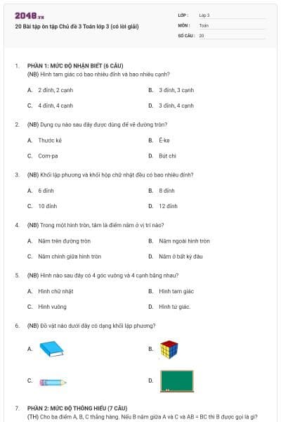 20 Bài tập ôn tập Chủ đề 3 Toán lớp 3 (có lời giải)