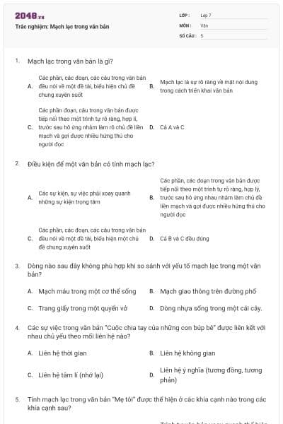 Trắc nghiệm: Mạch lạc trong văn bản