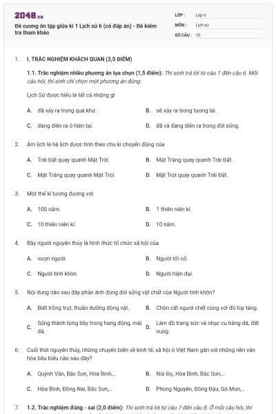 Đề cương ôn tập giữa kì 1 Lịch sử 6 (có đáp án) - Đề kiểm tra tham khảo