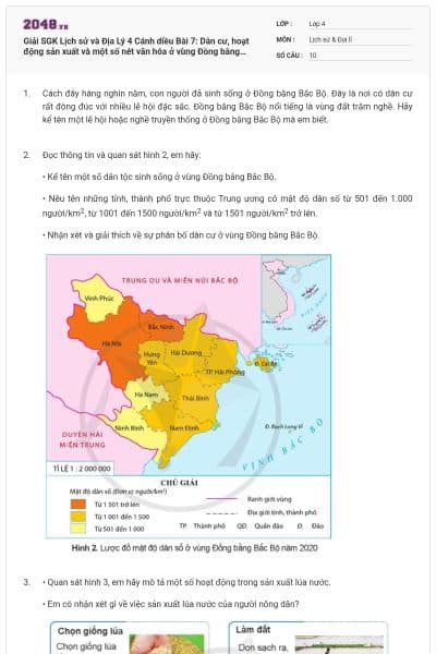 Giải SGK Lịch sử và Địa Lý 4 Cánh diều Bài 7: Dân cư, hoạt động sản xuất và một số nét văn hóa ở vùng Đồng bằng Bắc Bộ có đáp án