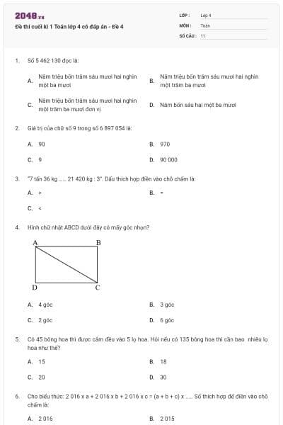 Đề thi cuối kì 1 Toán lớp 4 có đáp án - Đề 4
