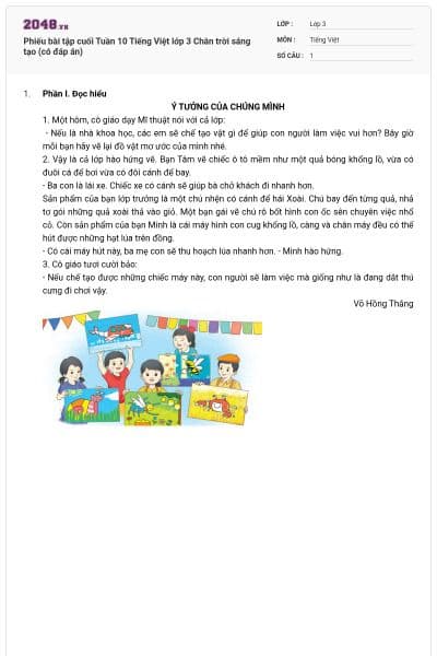 Phiếu bài tập cuối Tuần 10 Tiếng Việt lớp 3 Chân trời sáng tạo (có đáp án)