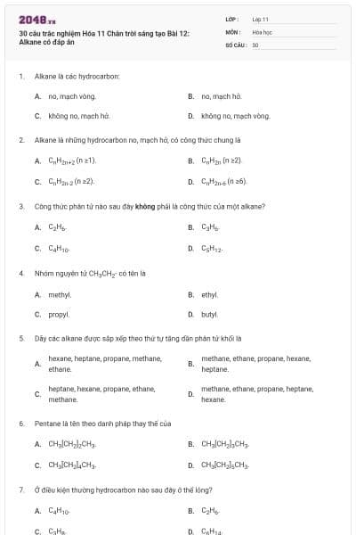 30 câu trắc nghiệm Hóa 11 Chân trời sáng tạo Bài 12: Alkane có đáp án