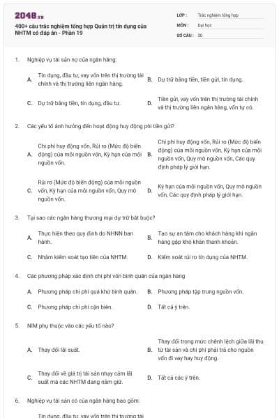 400+ câu trắc nghiệm tổng hợp Quản trị tín dụng của NHTM có đáp án - Phần 19