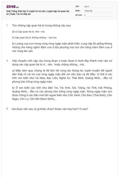 Giải Tiếng Việt lớp 5 Luyện từ và câu: Luyện tập về quan hệ từ (Tuần 13) có đáp án
