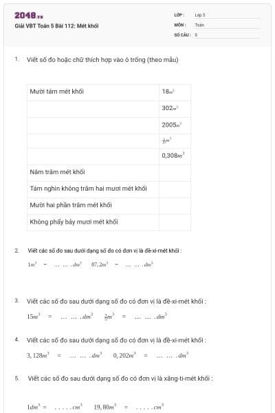 Giải VBT Toán 5 Bài 112: Mét khối