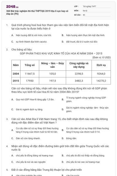 360 Bài trắc nghiệm thi thử THPTQG 2019 Địa lí cực hay có đáp án (P6)