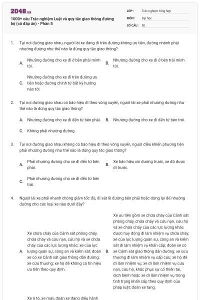 1000+ câu Trắc nghiệm Luật và quy tắc giao thông đường bộ (có đáp án) - Phần 5