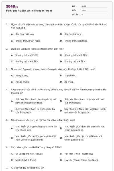 Đề thi giữa kì 2 Lịch Sử 10 (có đáp án - Đề 2)