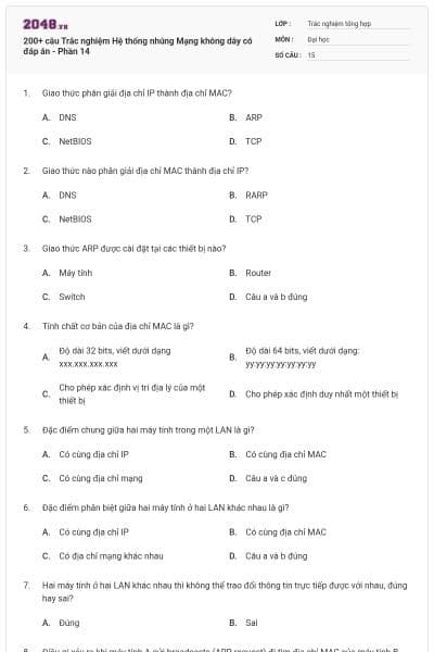 200+ câu Trắc nghiệm Hệ thống nhúng Mạng không dây có đáp án - Phần 14