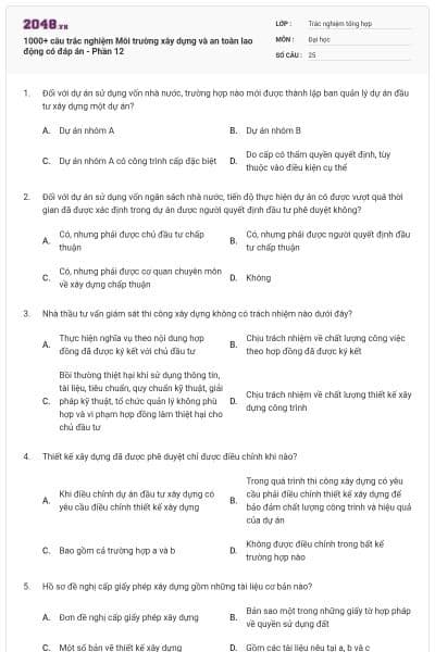 1000+ câu trắc nghiệm Môi trường xây dựng và an toàn lao động có đáp án - Phần 12