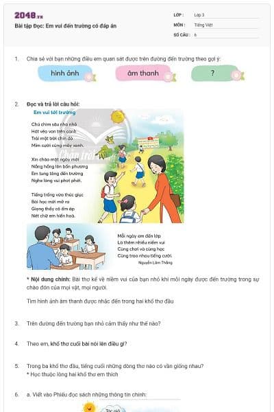 Bài tập Đọc: Em vui đến trường có đáp án