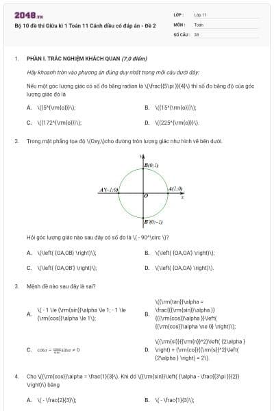 Bộ 10 đề thi Giữa kì 1 Toán 11 Cánh diều có đáp án - Đề 2