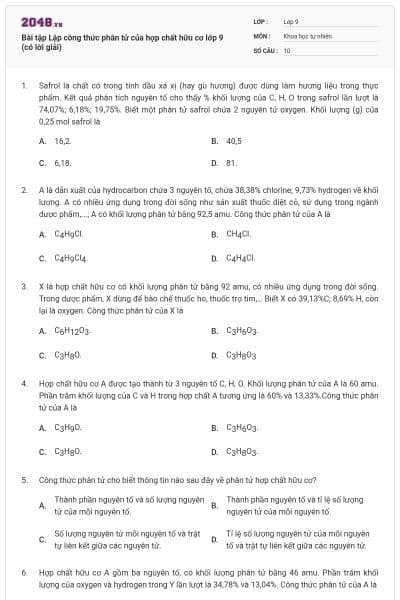 Bài tập Lập công thức phân tử của hợp chất hữu cơ lớp 9 (có lời giải)