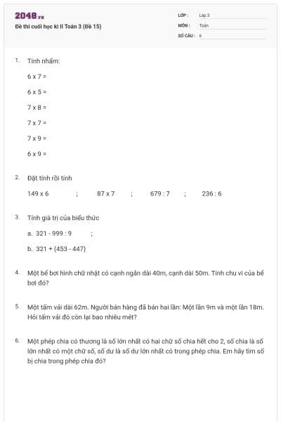 Đề thi cuối học kì II Toán 3 (Đề 15)