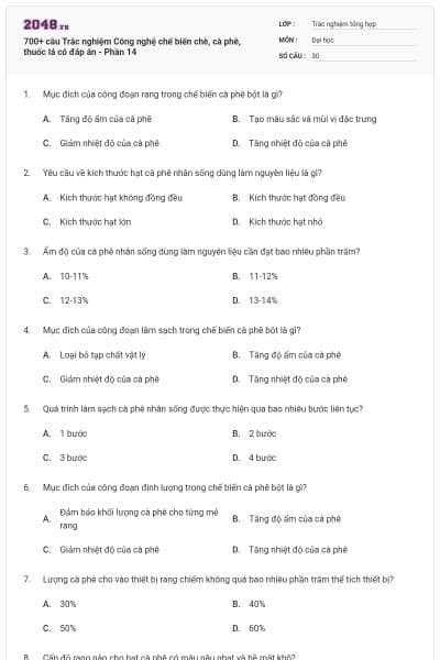 700+ câu Trắc nghiệm Công nghệ chế biến chè, cà phê, thuốc lá có đáp án - Phần 14