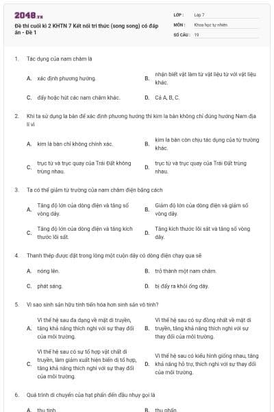 Đề thi cuối kì 2 KHTN 7 Kết nối tri thức (song song) có đáp án - Đề 1