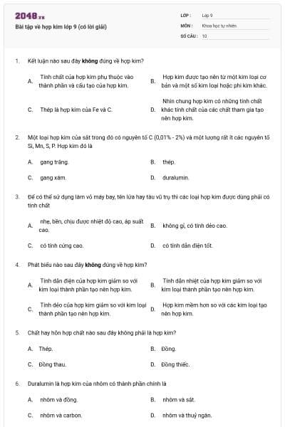 Bài tập về hợp kim lớp 9 (có lời giải)