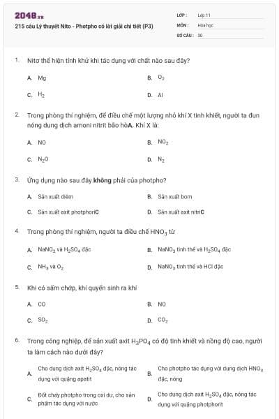 215 câu Lý thuyết Nito - Photpho có lời giải chi tiết (P3)