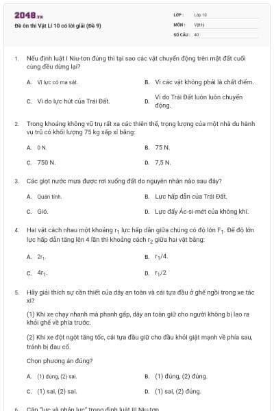 Đề ôn thi Vật Lí 10 có lời giải (Đề 9)