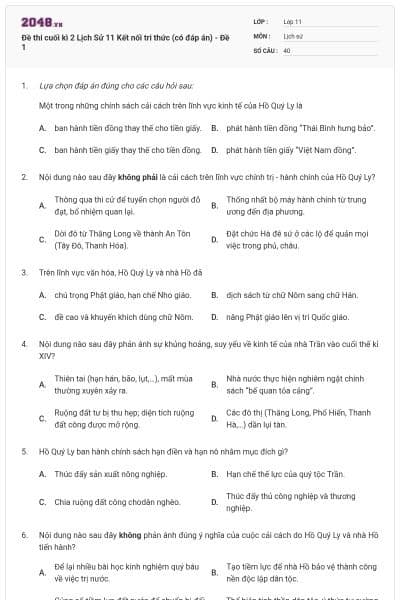 Đề thi cuối kì 2 Lịch Sử 11 Kết nối tri thức (có đáp án) - Đề 1