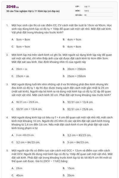 30 câu Trắc nghiệm Vật Lí 11 Kính lúp (có đáp án)