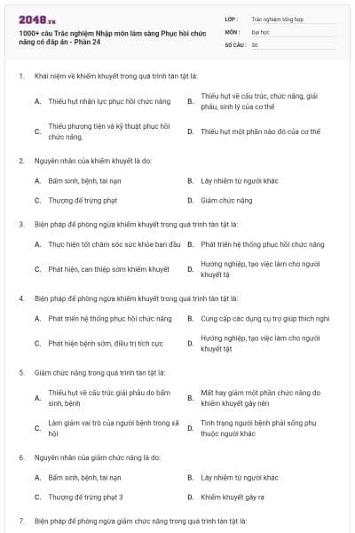 1000+ câu Trắc nghiệm Nhập môn lâm sàng Phục hồi chức năng có đáp án - Phần 24