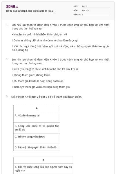 Đề thi Đạo Đức lớp 5 Học kì 2 có đáp án (Đề 3)