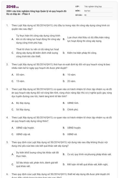 200+ câu trắc nghiệm tổng hợp Quản lý và quy hoạch đô thị có đáp án - Phần 4