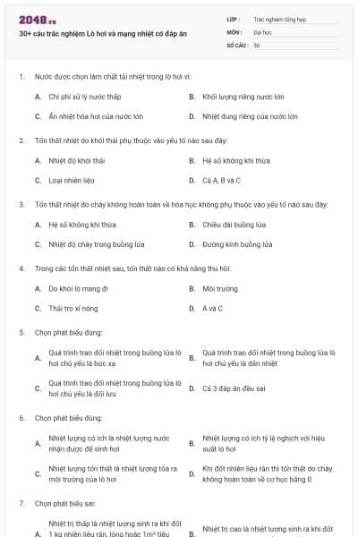 30+ câu trắc nghiệm Lò hơi và mạng nhiệt có đáp án
