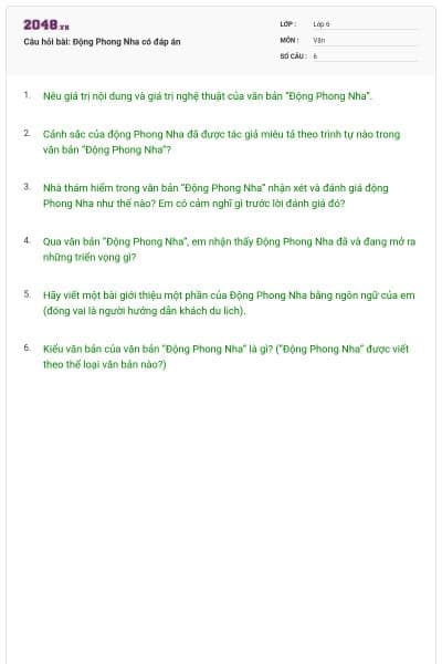 Câu hỏi bài: Động Phong Nha có đáp án