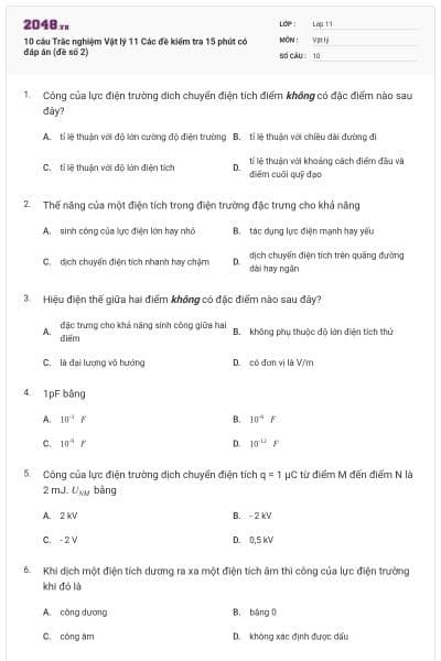 10 câu Trắc nghiệm Vật lý 11 Các đề kiểm tra 15 phút có đáp án (đề số 2)