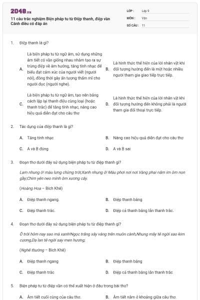 11 câu trắc nghiệm Biện pháp tu từ Điệp thanh, điệp vần Cánh diều có đáp án