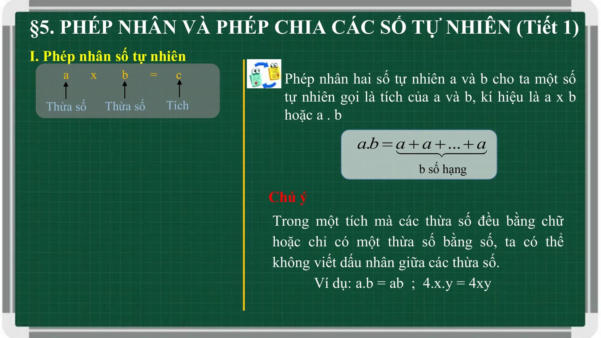 §5. PHÉP NHÂN VÀ PHÉP CHIA CÁC SỐ TỰ NHIÊN (Tiết 1)
I. Phép nhân số tự nhiên
 a x b = c Phép nhân hai số tự nhiên a và b cho ta một số
 tự nhiên gọi là tích của a và b, kí hiệu là a x b
 Thừa số Thừa số Tích
 hoặc a . b

 b số hạng

 Chú ý
 Trong một tích mà các thừa số đều bằng chữ
 hoặc chỉ có một thừa số bằng số, ta có thể
 không viết dấu nhân giữa các thừa số.
 Ví dụ: a.b = ab ; 4.x.y = 4xy