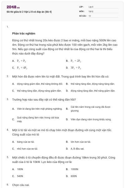 Đề thi giữa kì 2 Vật Lí 8 có đáp án (Đề 4)