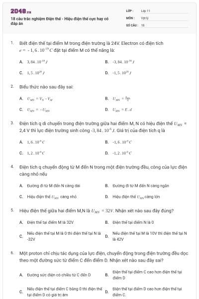 18 câu trắc nghiệm Điện thế - Hiệu điện thế cực hay có đáp án