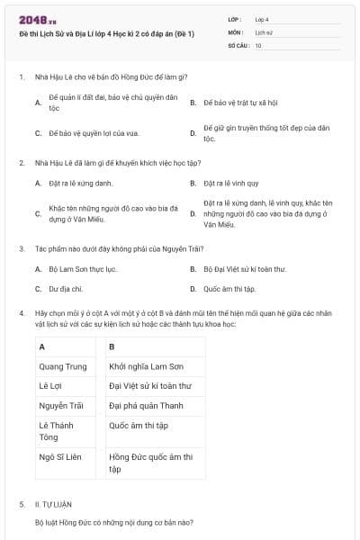 Đề thi Lịch Sử và Địa Lí lớp 4 Học kì 2 có đáp án (Đề 1)