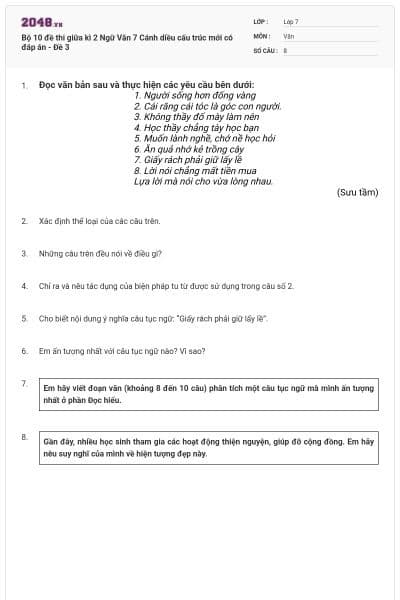 Bộ 10 đề thi giữa kì 2 Ngữ Văn 7 Cánh diều cấu trúc mới có đáp án - Đề 3