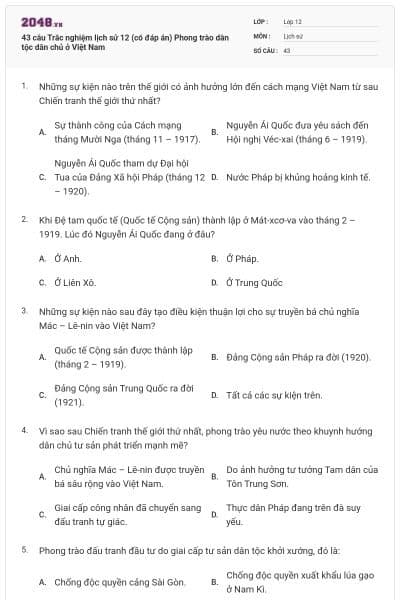 43 câu Trắc nghiệm lịch sử 12 (có đáp án) Phong trào dân tộc dân chủ ở Việt Nam