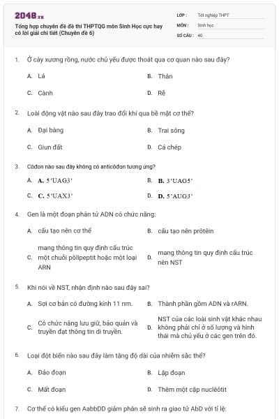 Tổng hợp chuyên đề đề thi THPTQG môn Sinh Học cực hay có lời giải chi tiết (Chuyên đề 6)