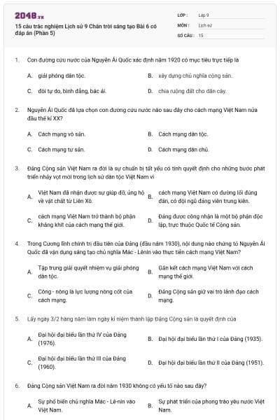 15 câu trắc nghiệm Lịch sử 9 Chân trời sáng tạo Bài 6 có đáp án (Phần 5)