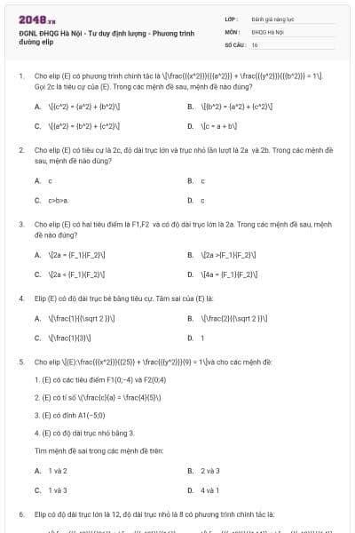 ĐGNL ĐHQG Hà Nội - Tư duy định lượng - Phương trình đường elip