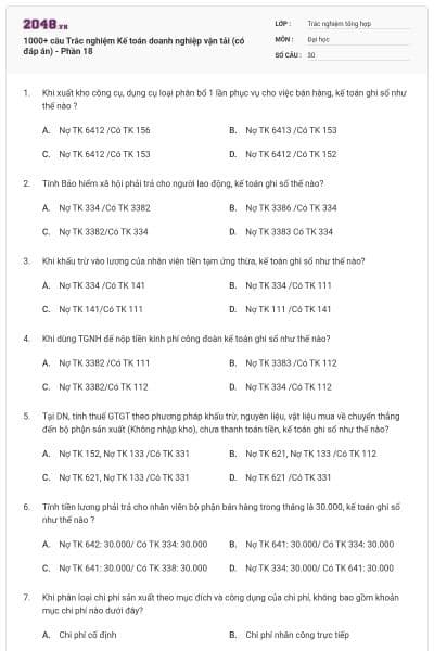 1000+ câu Trắc nghiệm Kế toán doanh nghiệp vận tải (có đáp án) - Phần 18