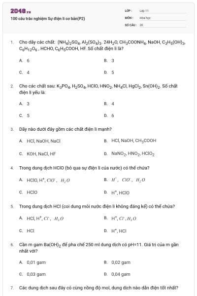 100 câu trắc nghiệm Sự điện li cơ bản(P2)