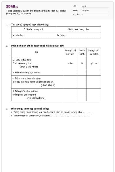 Tiếng Việt lớp 3 (Dành cho buổi học thứ 2) Tuần 13: Tiết 2 (trang 46, 47) có đáp án